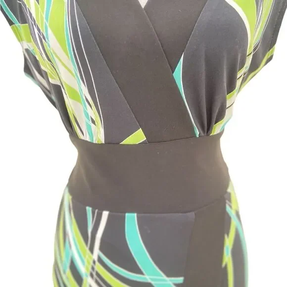 Frank Lyman v neck cap sleeve jersey knit dress black trim & belt graphic print - Picture 9 of 11